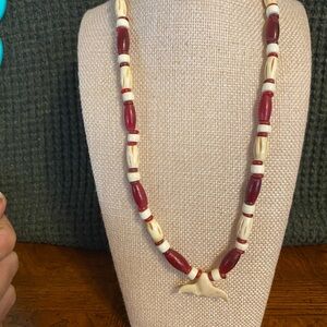 Vintage Carved Shell and Glazed Terra Cotta Beaded Necklace 18”